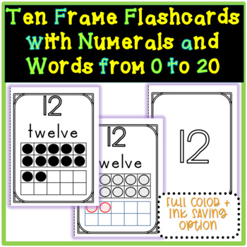 Preview of Ten Frame Flashcards with numerals and words from 0 to 20 (4 options)
