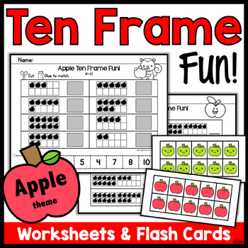 Preview of Apple Ten Frames Math Worksheets Printable, Flash Cards, Kindergarten