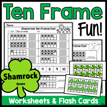 Preview of Ten Frames, St Patrick's Day Math, Ten Fame Worksheets and Flash Cards