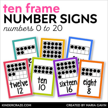 Preview of Number Posters with Ten Frames (0-20 )- Bright Simple Rainbow Classroom Decor