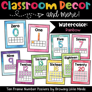 Preview of Ten Frame Number Posters- Rainbow Watercolor classroom decor