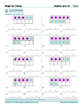 Ten Frame Worksheets - Addition and subtraction of numbers to 10