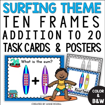 Preview of Ten Frames Addition to 20 Task Cards and Posters | Surfing Theme