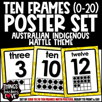 Preview of Ten Frames Math Posters 0 to 20 - AUSTRALIAN INDIGENOUS - WATTLE THEME