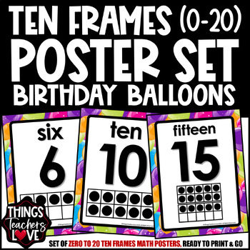 Preview of Ten Frames Math Posters 0 to 20 - BIRTHDAY BALLOONS - HAPPY BIRTHDAY THEME