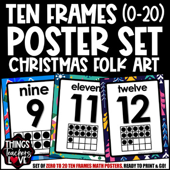 Preview of Ten Frames Math Posters 0 to 20 - CHRISTMAS FOLK ART CLASSROOM DECOR