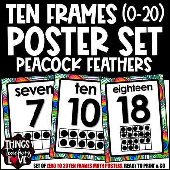 Preview of Ten Frames Math Posters 0 to 20 - PEACOCK FEATHERS 02 CLASSROOM DECOR