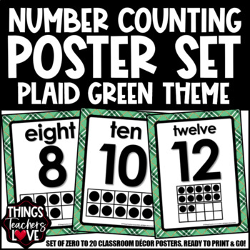 Preview of Ten Frames Math Posters 0 to 20 - ST PATRICK'S DAY PLAID GREEN CLASSROOM DECOR