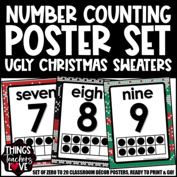 Preview of Ten Frames Math Posters 0 to 20 - UGLY CHRISTMAS XMAS SWEATERS CLASSROOM DECOR