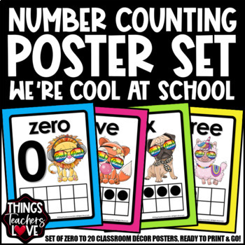 Preview of Ten Frames Math Posters 0 to 20 - WE'RE COOL AT SCHOOL ANIMALS CLASSROOM DECOR