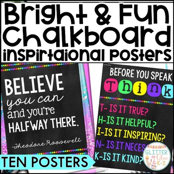 Preview of Bright Chalkboard Inspirational Classroom Posters - Classroom Decor - 10 Posters
