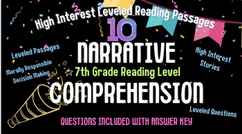 Preview of Ten High Interest 7th Grade Narrative Level Passages w/Leveled Questions +Bonus