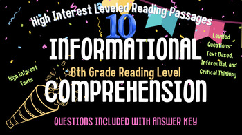 Preview of Ten High Interest 8th Grade Informational Passages with Leveled Questions