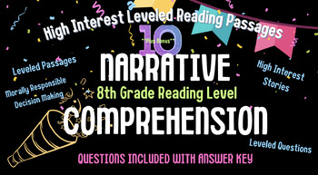 Preview of Ten High Interest 8th Grade Narrative Level Passages w/Leveled Questions +Bonus