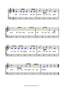 Preview of Ten Little Fingers / easy music sheet / color-coded