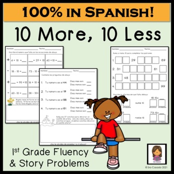 Preview of Spanish Ten More, Ten Less 1st Grade math worksheets | diez mas diez menos
