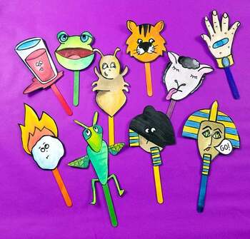 Preview of Ten Plagues Puppets COLOR-IN - Passover puppets - Pesach toy activity