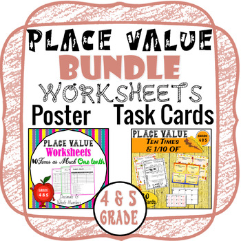 Preview of Ten Times as Much & One Tenth Place Value Poster, Task Cards & Worksheets Bundle