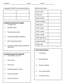 Tener Expressions Practices by Srta Spanish | Teachers Pay Teachers