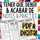 Tener que Deber and Acabar de Notes and Practice for Spanish
