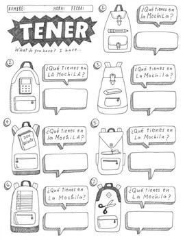 Tener worksheet no prep printable Spanish verb practice School supplies vocab