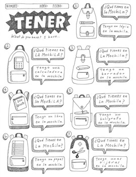 Tener worksheet no prep printable Spanish verb practice School supplies