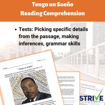 Preview of Tengo un Sueño/I Have A Dream Reading Comprehension Worksheet - Spanish Version