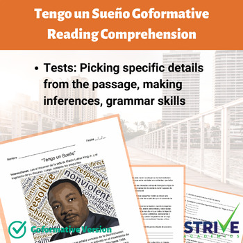 Preview of Tengo un Sueño/I Have A Dream Reading Comprehension Goformative- Spanish Version