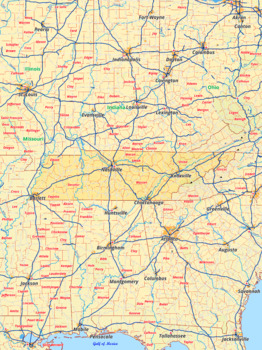 Preview of Tennessee map with cities township counties rivers roads labeled