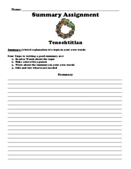 Preview of Tenochtitlan Summary Worksheet