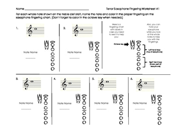 Preview of Tenor Saxophone Fingering Worksheet for Band Beginners
