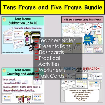 Preview of Tens Frame and Five Frames Addition and Subtraction Tasks Worksheets BUNDLE