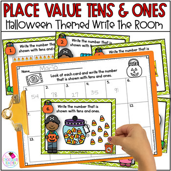 Preview of Place Value Tens and Ones Halloween Math Write the Room and Google Slides™