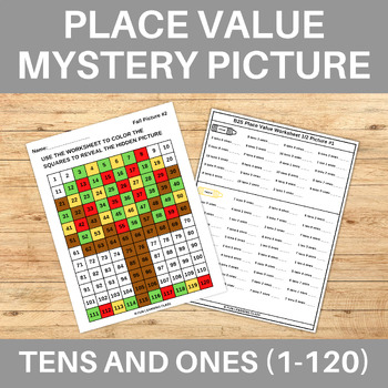 Preview of Tens and Ones Place Value 120 Chart Mystery Picture Fall Tree