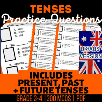 Preview of Tenses Printables Bundle Past Present Future UK/AUS Spelling Year 4-5