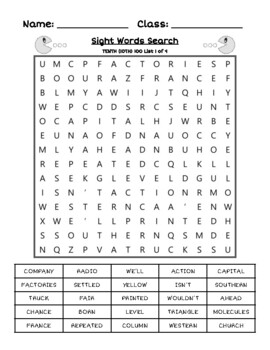 Tenth (10th) 100 - 4 Frequency Sight Words Printable Word Searches w/ Keys