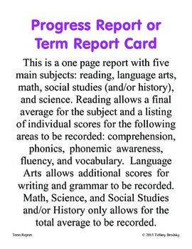 Preview of Term Report Card or Progress Report  Good for Private Schools and Home Schools