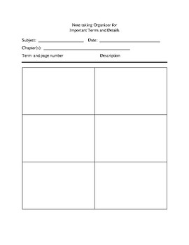 Preview of Term and Vocabulary Organizer for Informational Text Notetaking