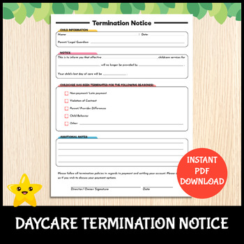 Preview of Termination Notice For Daycare, Childcare | Termination Letter For Parents