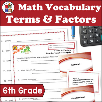 Preview of Terms and Factors | 6th Grade Prealgebra Vocabulary Study Guide Flash Cards Quiz