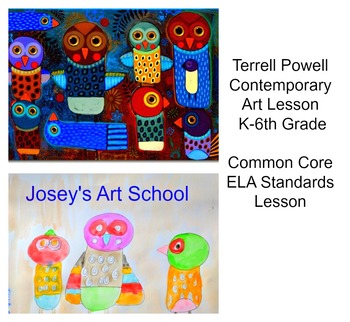 Preview of Terrell Powell Art Lesson Owls Grade K to 6th Grade Folk Art Biography Drawing