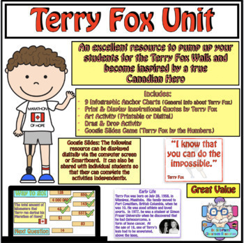 Preview of Terry Fox Unit - Google Slides (Smartboard), Info, Activities, Quotes + Game