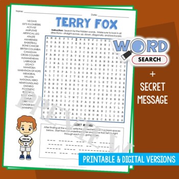Preview of About Terry Fox Word Search Puzzle Activity Vocabulary Worksheet Secret Message