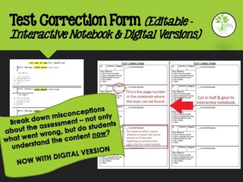 Preview of Test Correction Form (editable) - Interactive Notebook & Digital Version