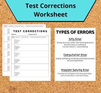 Preview of Test Correction Worksheet for Math Assessments