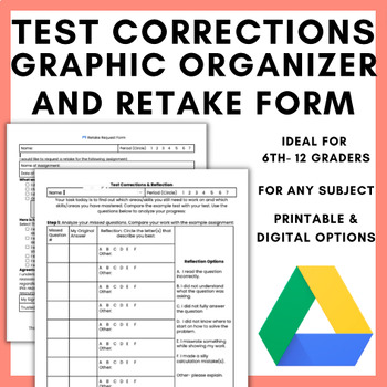 Preview of Test Corrections & Reflections for 6-12 Grades | Graphic Organizer / Retake Form
