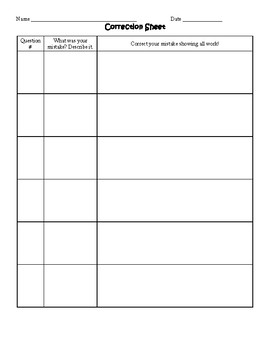 Test Corrections Template by Erica s Math Resources TpT