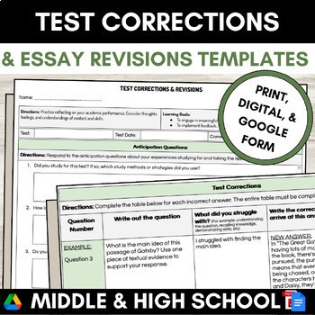 Preview of Test Corrections Template and Essay Revisions Middle High School Resource Room