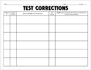 Preview of Test Corrections Worksheet