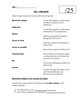 ontario grade 6 science electricity test en francais by